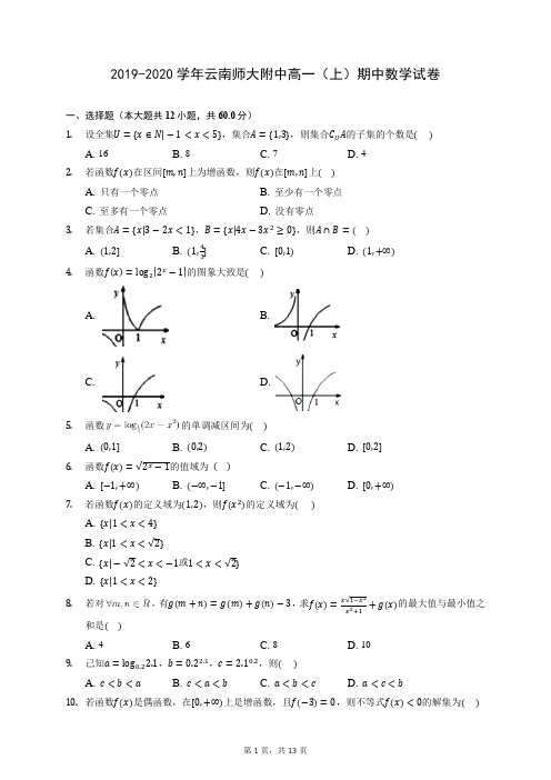 2019-2020学年云南师大附中高一(上)期中数学试卷 (含答案解析)