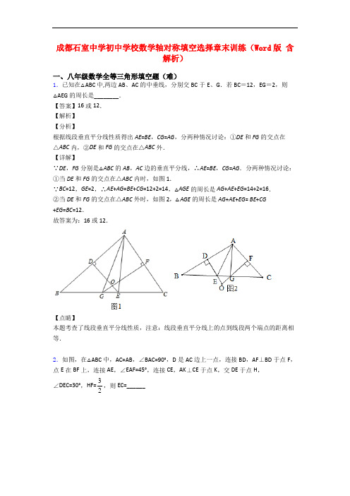 成都石室中学初中学校数学轴对称填空选择章末训练(Word版 含解析)