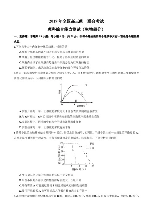 河北省衡水中学2019届全国高三统一联合考试理科综合试题(生物部分)