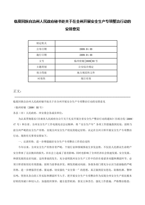 临夏回族自治州人民政府秘书处关于在全州开展安全生产专项整治行动的安排意见-临州府秘[2009]58号