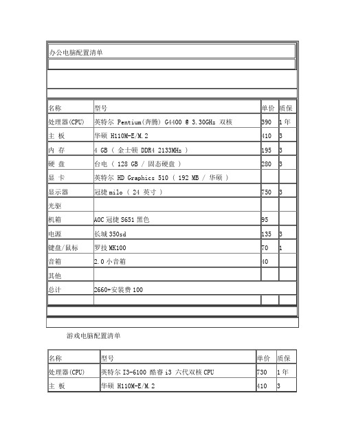 办公电脑配置清单