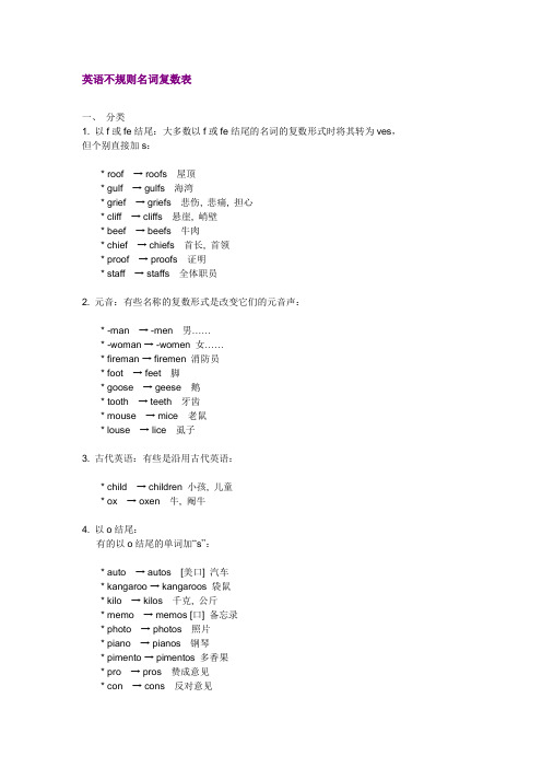 英语不规则名词负数表