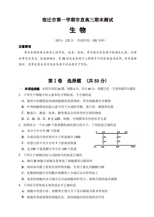 2019年江苏省宿迁市第一学期市直高三期末测试生物试卷(有答案)