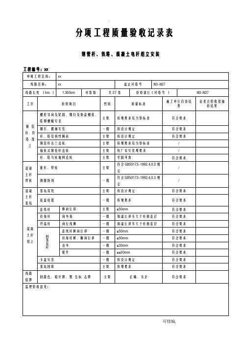 钢管杆、铁塔、混凝土电杆组立安装检查表