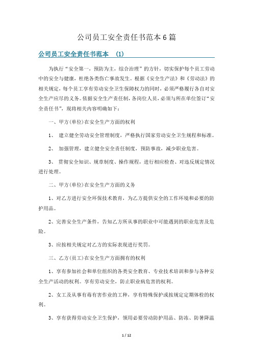 公司员工安全责任书范本6篇