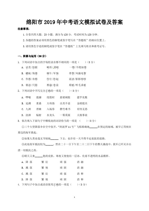 绵阳市2019年中考语文模拟试卷及答案