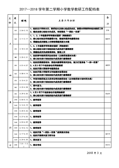 2017-2018学年第二学期主要工作配档表