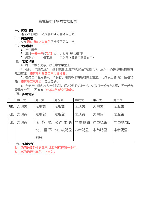 探究铁钉生锈的原因的实验报告 