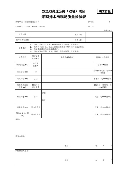 浆砌排水沟现场质量检验表