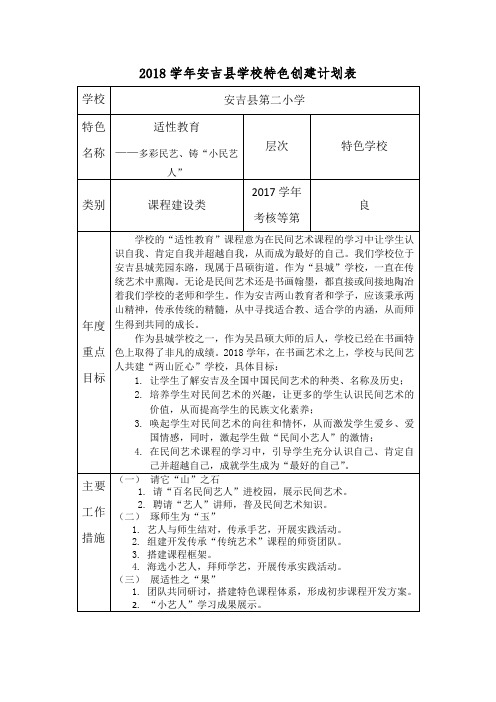 2018学年安吉县第二小学学校特色创建计划表及具体计划