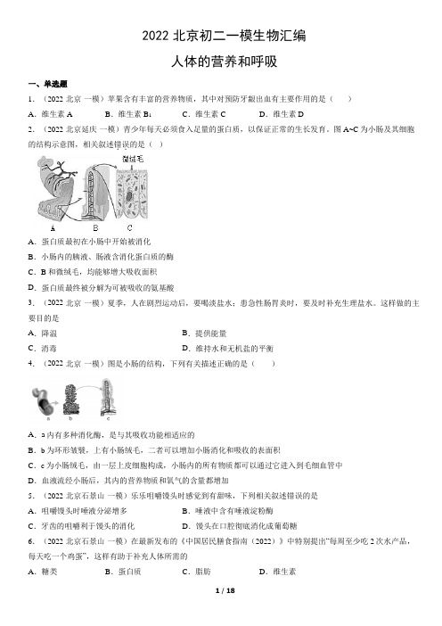 2022北京初二一模生物汇编：人体的营养和呼吸