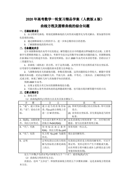 2020年高考数学一轮复习精品学案(人教版A版)――曲线方程及圆锥曲线的综合问题