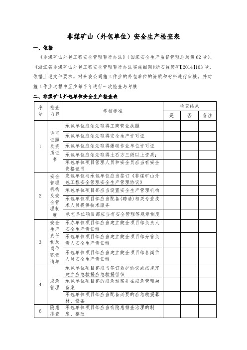 非煤矿山(外包单位)安全生产检查表