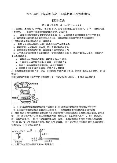 四川省成都市2020届高三下学期第二次诊断考试理科综合试卷(有答案)