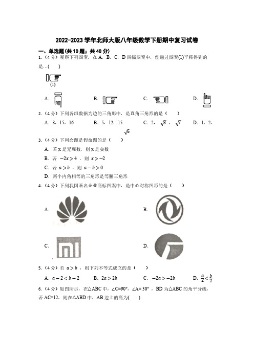 2022-2023学年北师大版八年级数学下册期中复习试卷  含解析