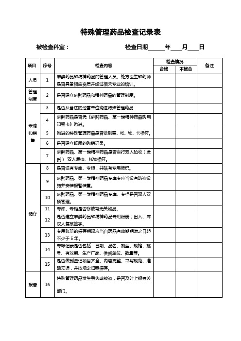 特殊药品检查记录表(药库)