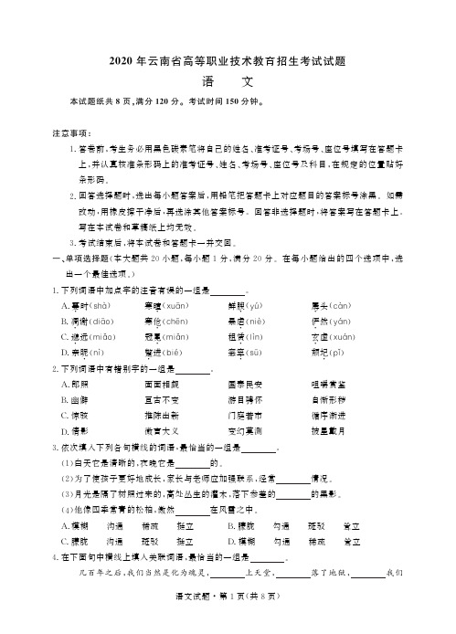 2020年云南省高等职业技术教育招生考试语文试题