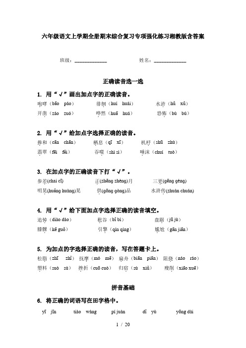 六年级语文上学期全册期末综合复习专项强化练习湘教版含答案