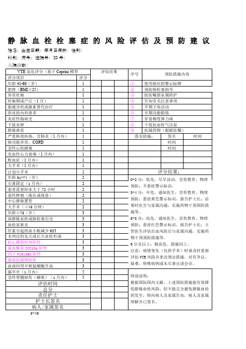 VTE预防评分表中文