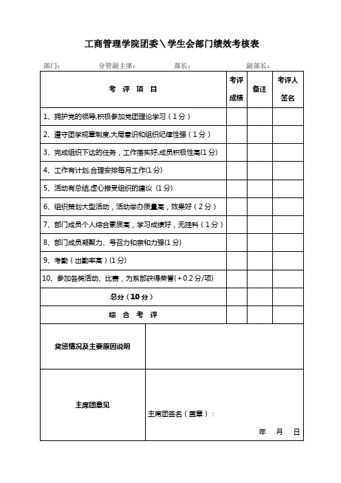 工商管理学院团委学生会部门绩效考核表