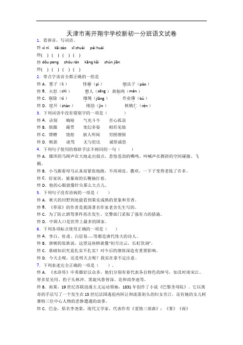 天津市南开翔宇学校新初一分班语文试卷