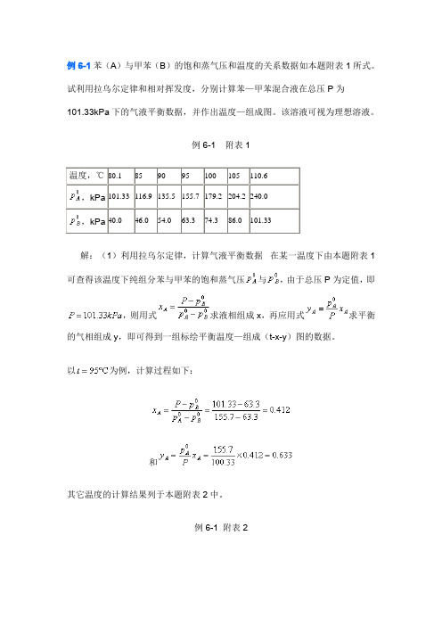 例6-1苯(A)与甲苯(B)的饱和蒸气压和温度的关系数据如本重点