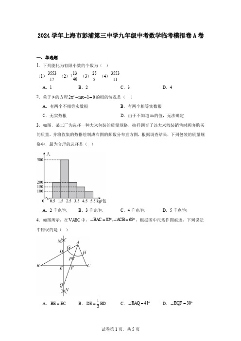 2024学年上海市彭浦第三中学九年级中考数学临考模拟卷A卷