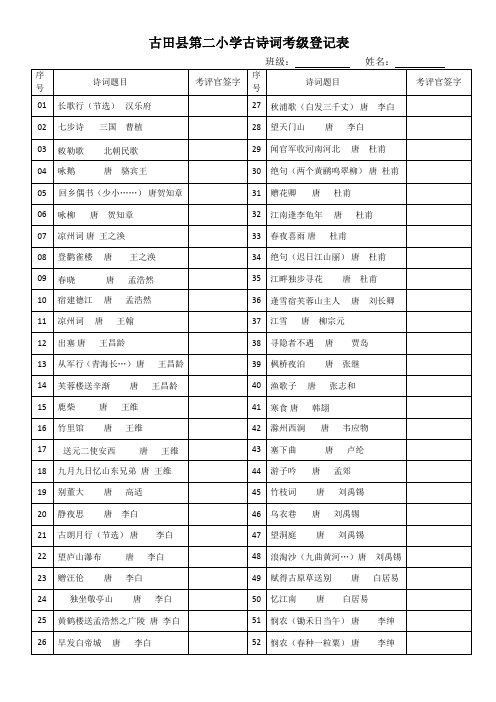 小学古诗词考级登记表