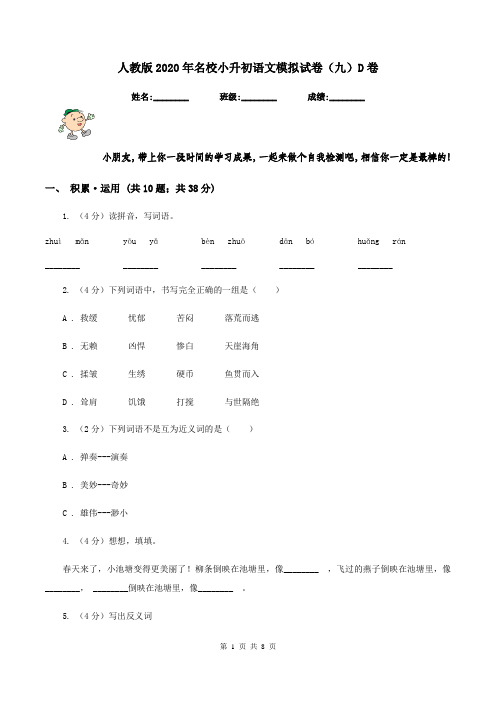 人教版2020年名校小升初语文模拟试卷(九)D卷