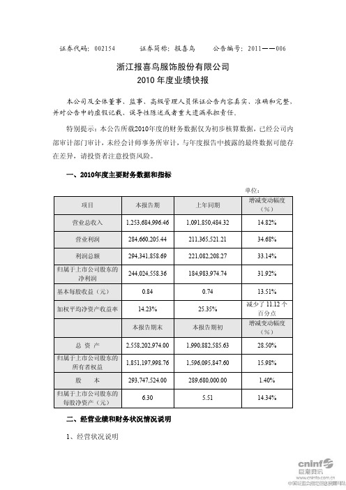 报 喜 鸟：2010年度业绩快报 2011-02-26