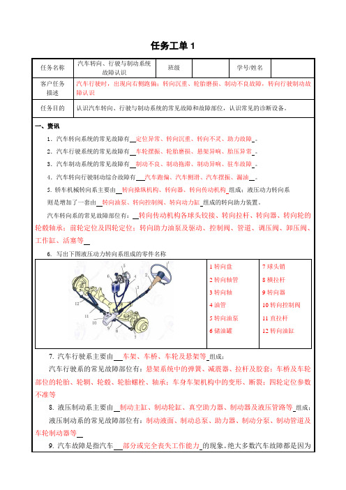 汽车转向、行驶与制动系统故障诊断与修理(示范) 工单汽车转向、行驶与制动系统故障认识