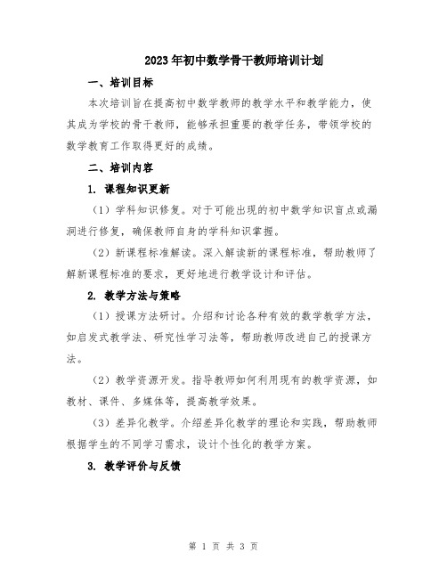 2023年初中数学骨干教师培训计划