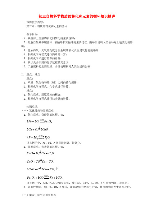 初三自然科学物质的转化和元素的循环知识精讲 华东师大版