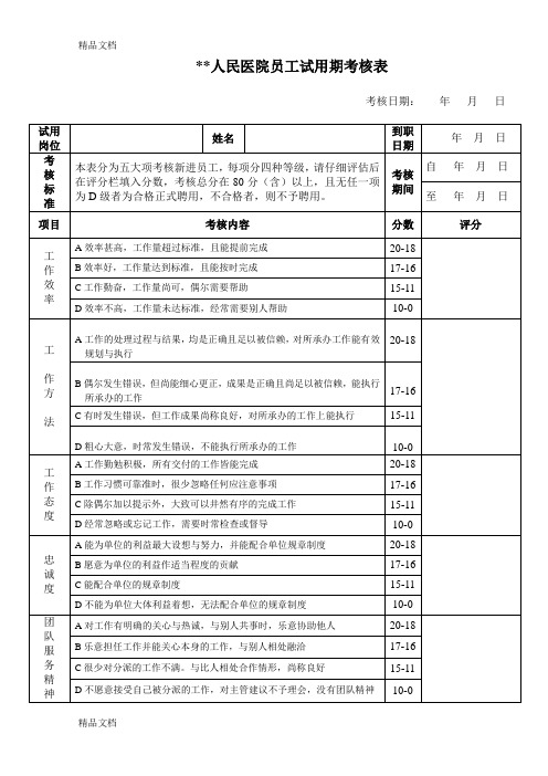 最新医院员工试用期转正考核表