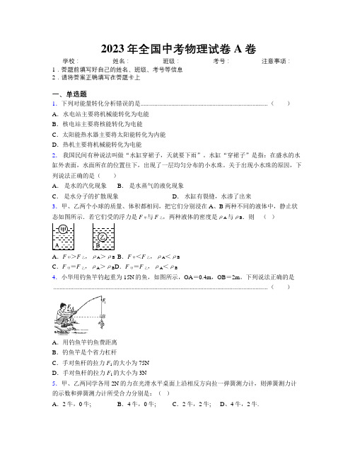 2023年全国中考物理试卷A卷附解析