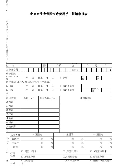 北京市生育保险医疗费用手工报销申报表