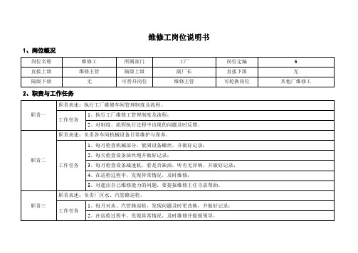 维修工岗位说明书