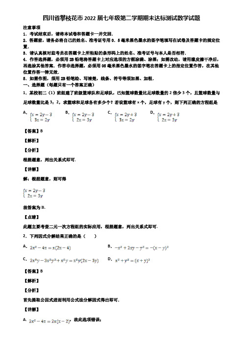 四川省攀枝花市2022届七年级第二学期期末达标测试数学试题含解析