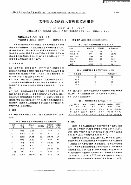 成都市无偿献血人群梅毒监测报告