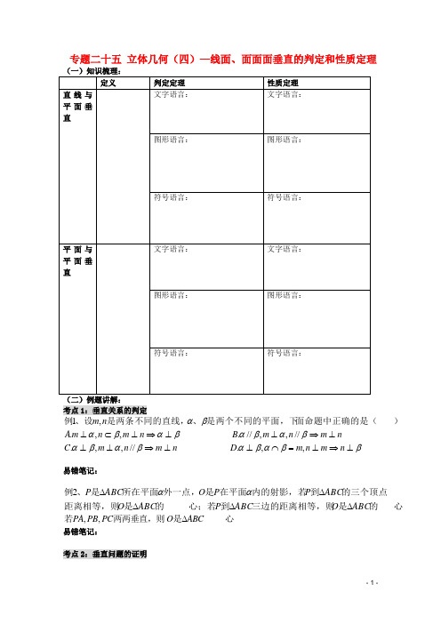 高二数学会考专题辅导专题二十五立体几何(四)—线面、面面面垂直的判定和性质定理练习(无答案)