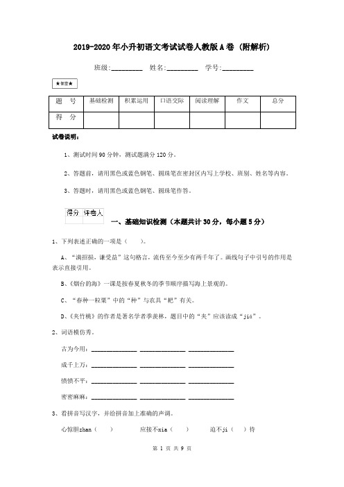 2019-2020年小升初语文考试试卷人教版A卷 (附解析)