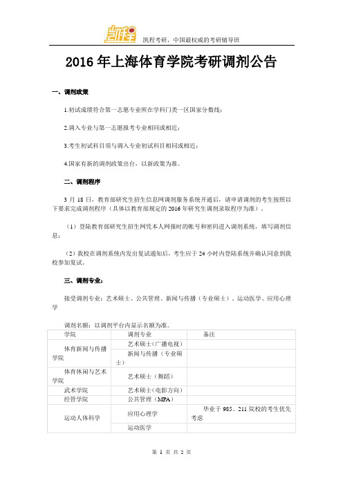 2016年上海体育学院考研调剂公告