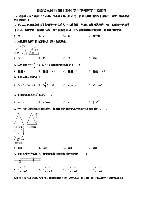 湖南省永州市2019-2020学年中考数学二模试卷含解析
