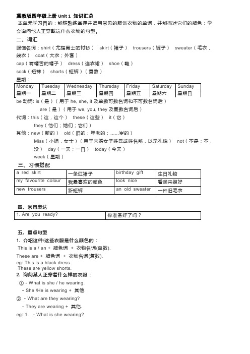 冀教版四年级上册Unit 1 知识汇总