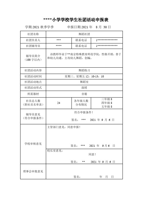 某某小学2021年秋季舞蹈社团活动申报表