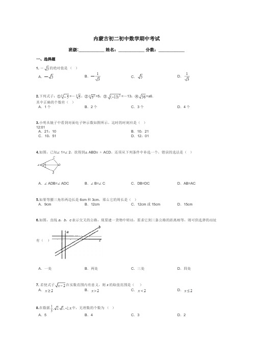 内蒙古初二初中数学期中考试带答案解析
