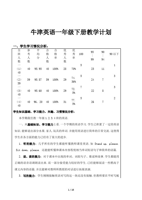 牛津英语一年级下册教学计划