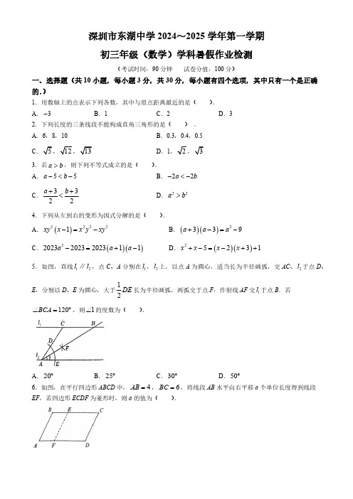 广东省深圳市东湖中学2024-2025学年九年级上学期开学考试数学试题(含答案)