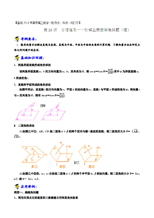 专题33 合理建系--妙解三类空间角问题(理)-备战2016年高考高三数学一轮热点难点一网打尽(解析版)