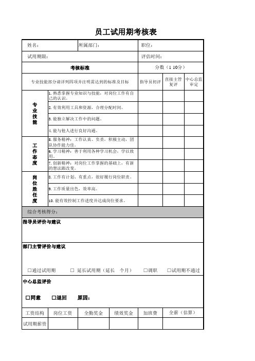 公司员工试用期考核表